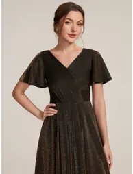 Lurex Mesh Ruffle Sleeve A-Line Cocktail Dress for Wedding Guest - 4
