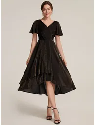 Lurex Mesh Ruffle Sleeve A-Line Cocktail Dress for Wedding Guest