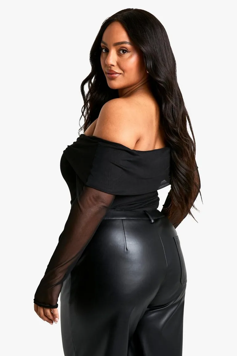 Plus Trim Detail Bardot Stretch Bodysuit - black - 2