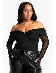 Plus Trim Detail Bardot Stretch Bodysuit - black - 1