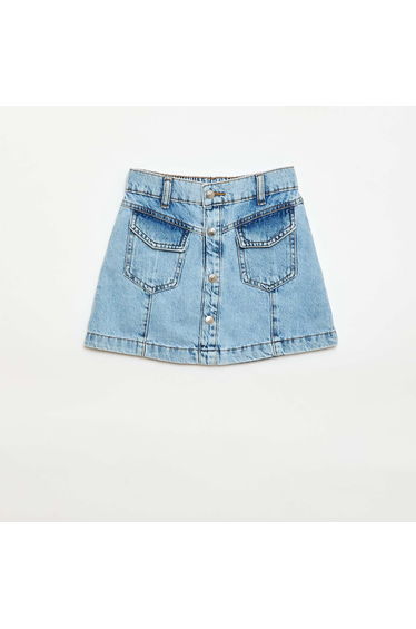 Button-Front Denim Skirt BLUE