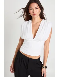 Pleated Chiffon Plunge Top - white - 1