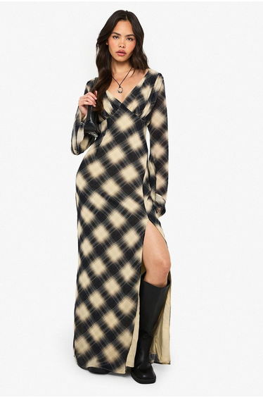 Check Chiffon Plunge Maxi Dress - navy