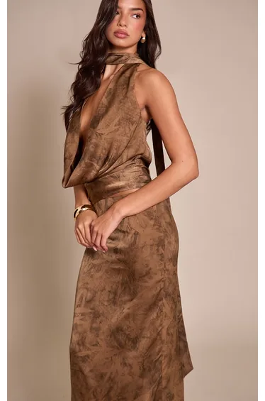 Chocolate Printed Satin Halter Neck Top