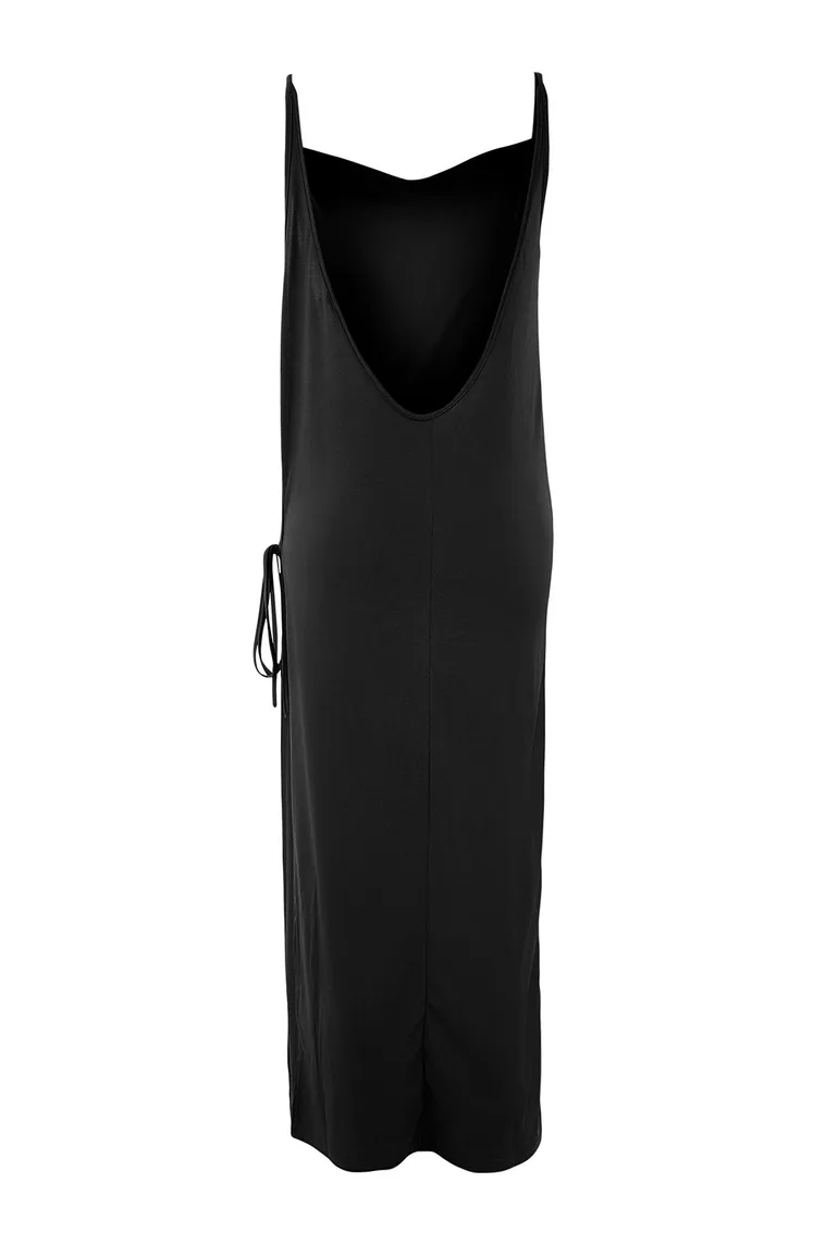 Black Midi Knitted Side Tie Deep Slit Beach Dress - 3