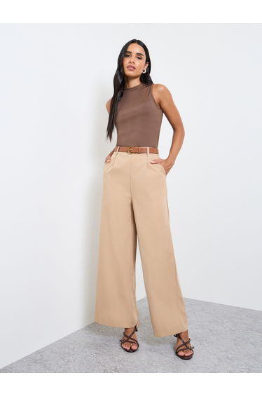 Brown Ribbed Top and Wide Leg Pants Co-Ord Set