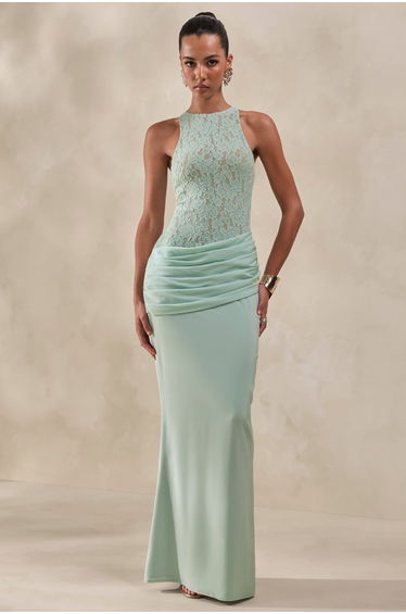 Anthelia | Mint Lace And Satin Racer-Neck Maxi Dress With Draped-Detail