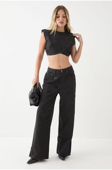 Denim Embellished Crop Top