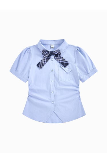 Women's Short Sleeve Shirt - Solid Color with Checkered Ribbon Bow
