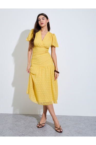 Yellow Dobby Flared Midi Dress