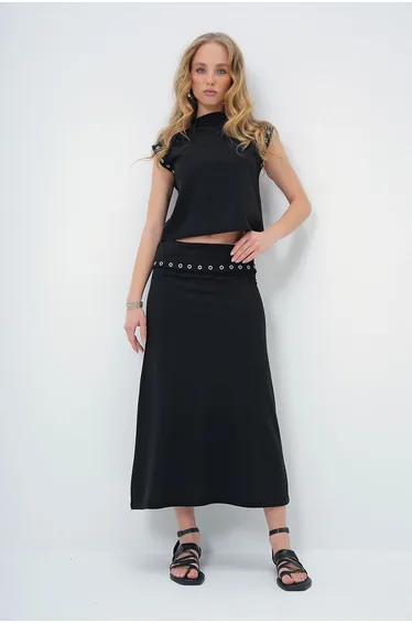 Women's Black Ring Stand Collar Blouse and Skirt Suit