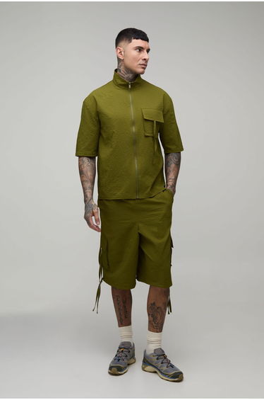 Tall Oversized Funnel Neck Textured Ripstop Cargo Shirt & Longline Short Set - khaki