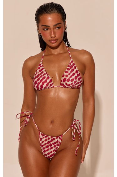 Red Blurred Print Tie Side Bikini Bottoms