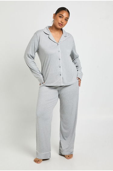 Plus Piping Detail Long Sleeve Shirt & Trouser Pyjama Set - grey marl