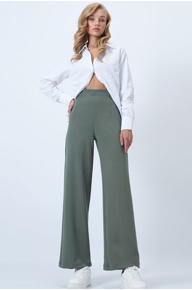 Women's Khaki Hidden Zipper Knitted Palazzo Pants
