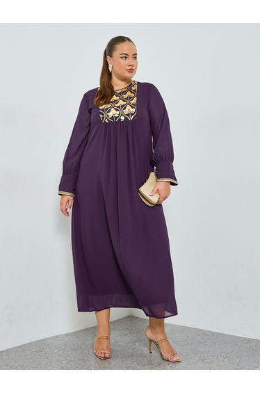 Plus Size Purple Embroidered Chiffon Jalabiya