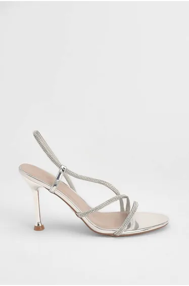 Silver Faux Metallic Leather Embellished Heeled Sandals