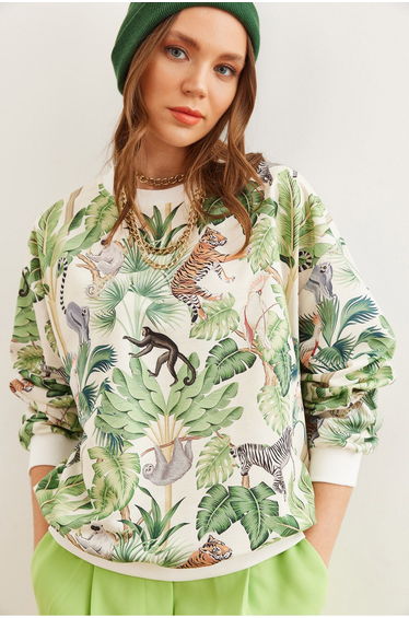 Women's Jungle Ecru Basic Soft Textured Casual Sweatshirt