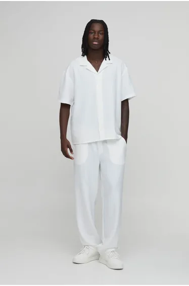 Oversized Short Sleeve Shirt and Trouser Set - white