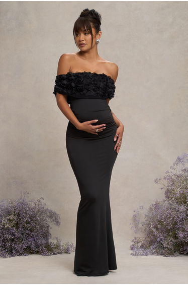 Inflorescence | Black Mesh Floral Bardot Maternity Maxi Dress