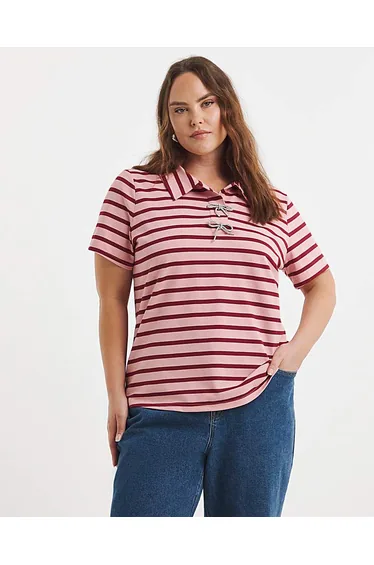 Stripe Polo Top with Bow Embellishment