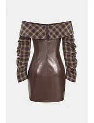 Faux Leather Patchwork Plaid Print Off Shoulder Zipper Long Sleeve Mini Dress - 1