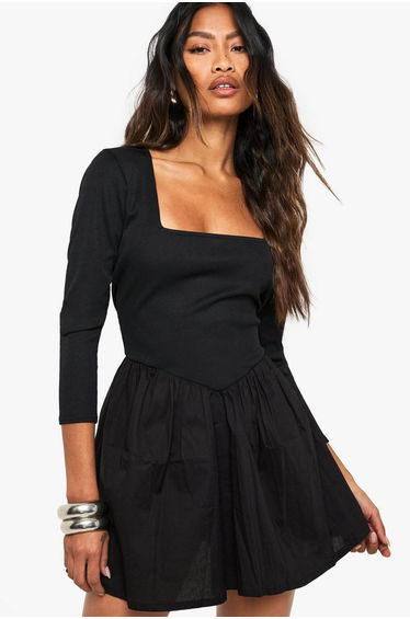Jersey Rib Cotton Mix Long Sleeve Mini Dress - black