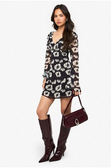 Floral Chiffon Plunge Mini Dress - black