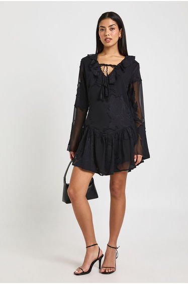 Floral Burnout Dipped Hem Mini Dress - black