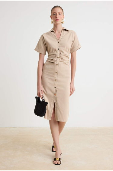 Stone Color Buttoned Midi Woven Dress