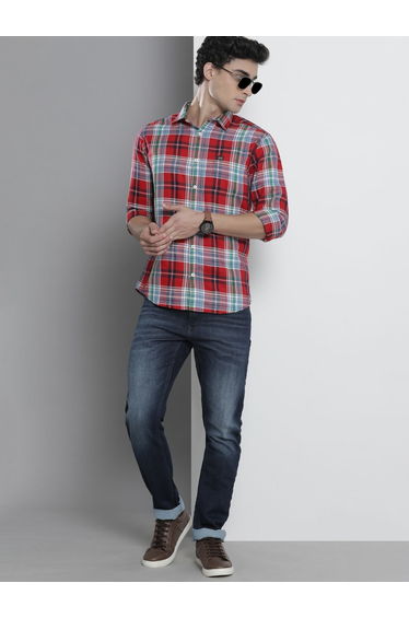 Men Red Checked Slim Fit Casual Shirt