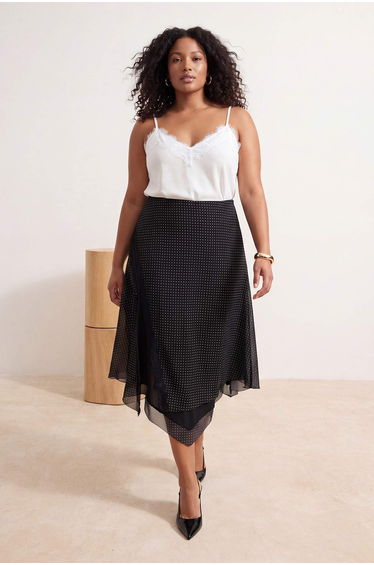 Black Polka Dot Patterned Tulle Lace Detailed Stretchy Knitted Plus Size Skirt