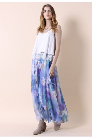 Dancing Watercolor Floral Maxi Skirt in Violet