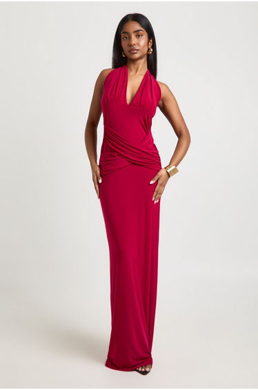 Slinky Plunge Halterneck Wrap Waist Maxi Dress - magenta