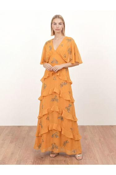 Maya Amber Floral Embellished V Neck Kimono Sleeve Ruffled Maxi Dress