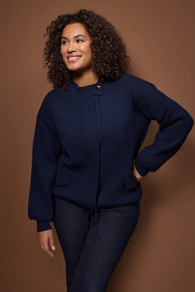 Navy blue zippered premium yarn/special yarn knitwear cardigan look cardigan - 1