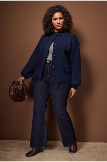 Navy blue zippered premium yarn/special yarn knitwear cardigan look cardigan