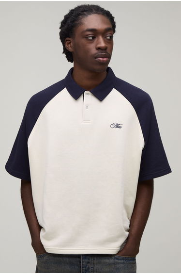 Oversized Boxy Half Sleeve Man Script Raglan Polo - navy