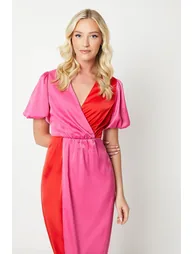 Debut London by Coast Satin Colour Block Puff Sleeve Dress - pink - 1