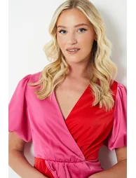 Debut London by Coast Satin Colour Block Puff Sleeve Dress - pink - 3