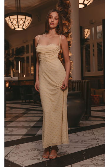 Butter Yellow Polka Dot Mesh Devore Maxi Dress