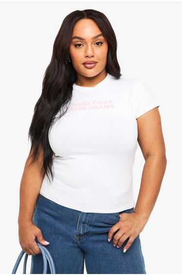PLUS MORE PIZZA LESS DRAMA BABY TEE - white