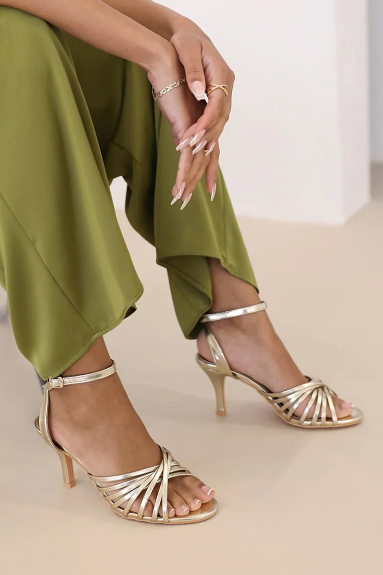 CYPRUS MULTI CROSS OVER STRAP MID HEELS IN GOLD FAUX LEATHER - 2