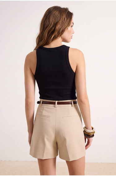 Black Plain Fitted Boat Neck Sleeveless Accessory Detail Cropped Cotton Lu Stretchy Knitted Blouse product thumbnail 3