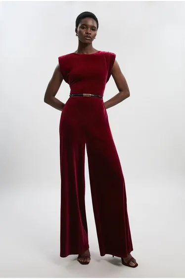 Stretch Velvet Strong Shoulder Jumpsuit