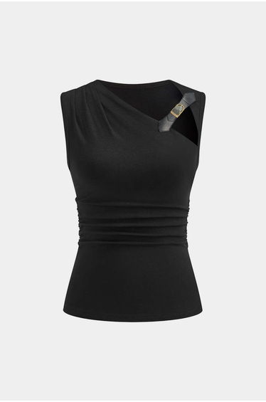 Solid Ruched Asymmetrical Buckle Detail Tank Top