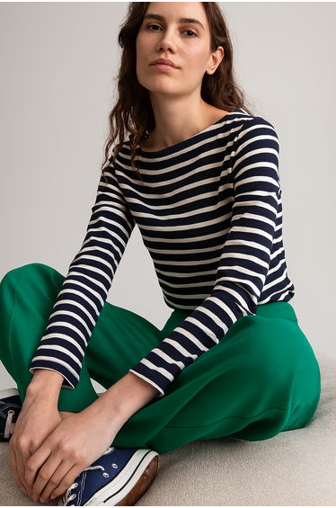 Breton Striped Cotton T-Shirt with Boat Neck and Long Sleeves