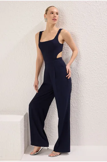 Navy Blue Wide Leg Back Detailed Long Woven Jumpsuit