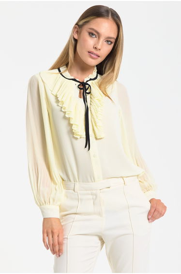 Yellow Tie Neck Pleated Sleeve Frill Blouse