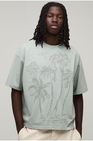 Oversized Boxy Palm Print T-Shirt - washed khaki